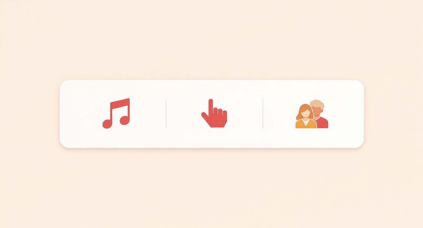 An infographic showing three icons for interactive viewing: musical notes for "Sing," a pointing hand for "Point," and two figures for "Copy."
