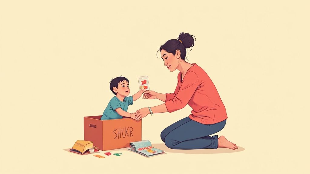 A toddler's hands tracing colorful paper cutouts of hands raised in dua.