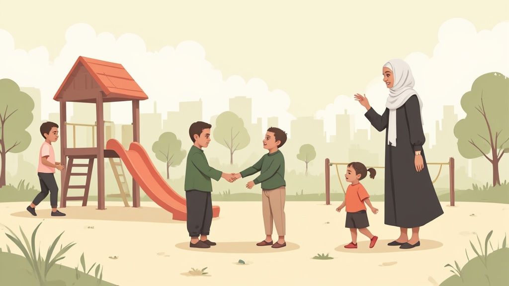 A Muslim mother and her toddler at a sunny park, interacting happily with other families from diverse backgrounds.