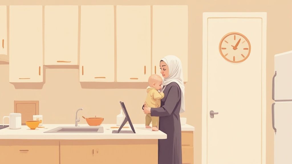 Muslim mother wearing hijab holding toddler while working on tablet in modern kitchen
