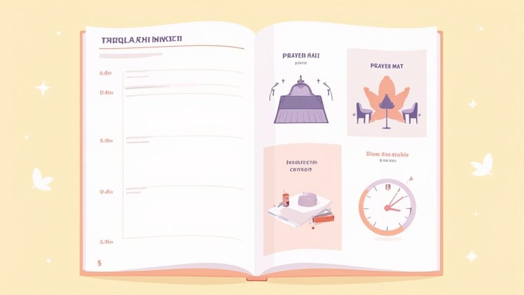 Open Islamic prayer guide book showing daily prayer times schedule and prayer mat illustration