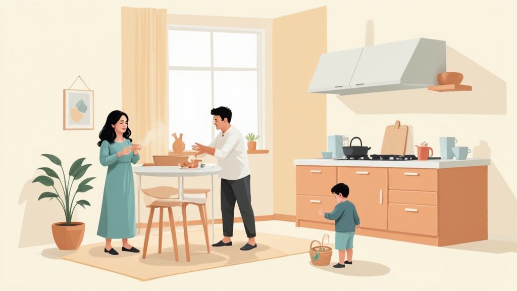 Family spending quality time together in modern kitchen with parents and child interacting