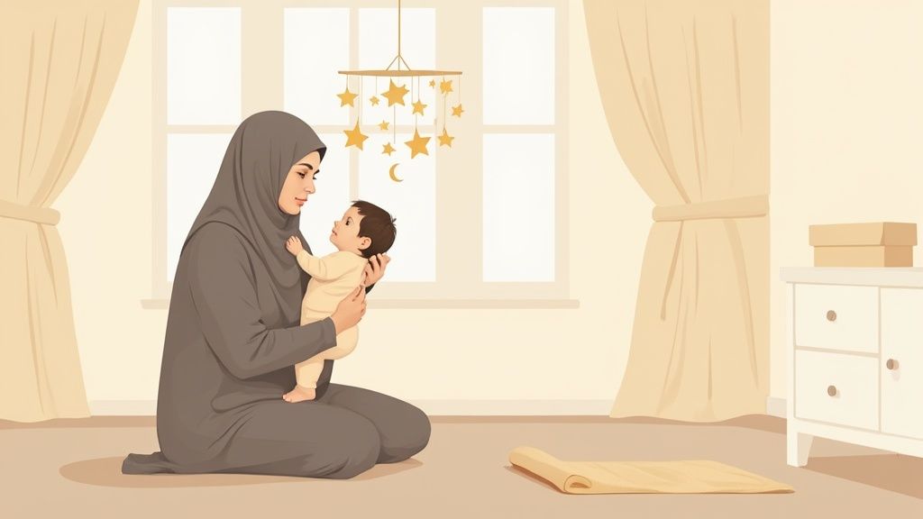 Muslim mother wearing hijab holding baby in nursery room with star mobile decoration