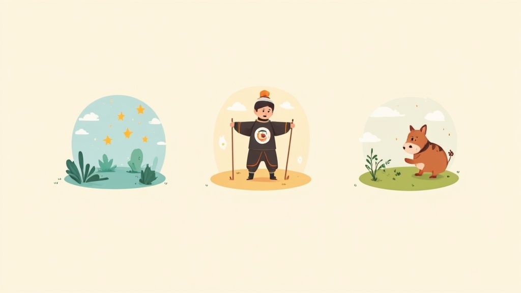 Three illustrated vignettes showing nature scene, person with traditional clothing, and cute fox character