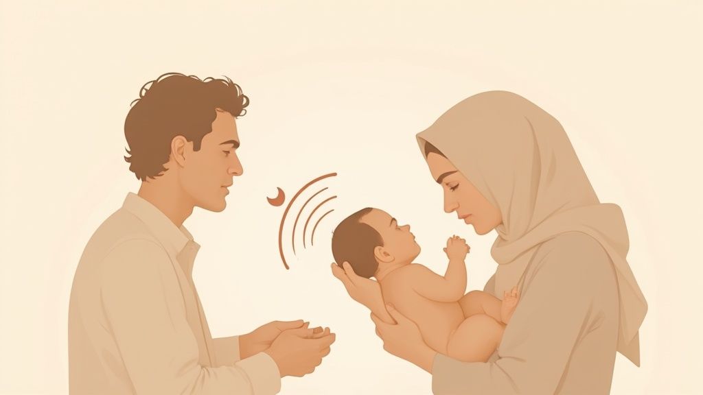An illustration of Muslim parents, a mother in hijab holding her newborn baby, with the father observing, spiritual symbols above.