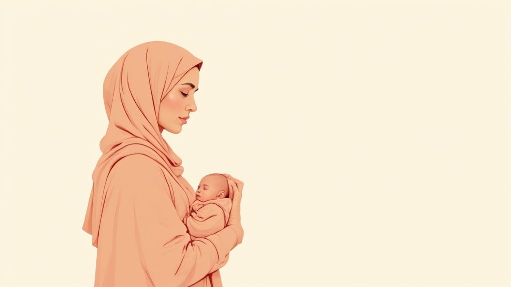 Muslim mother in a peach hijab tenderly holds her sleeping baby, with a light background.