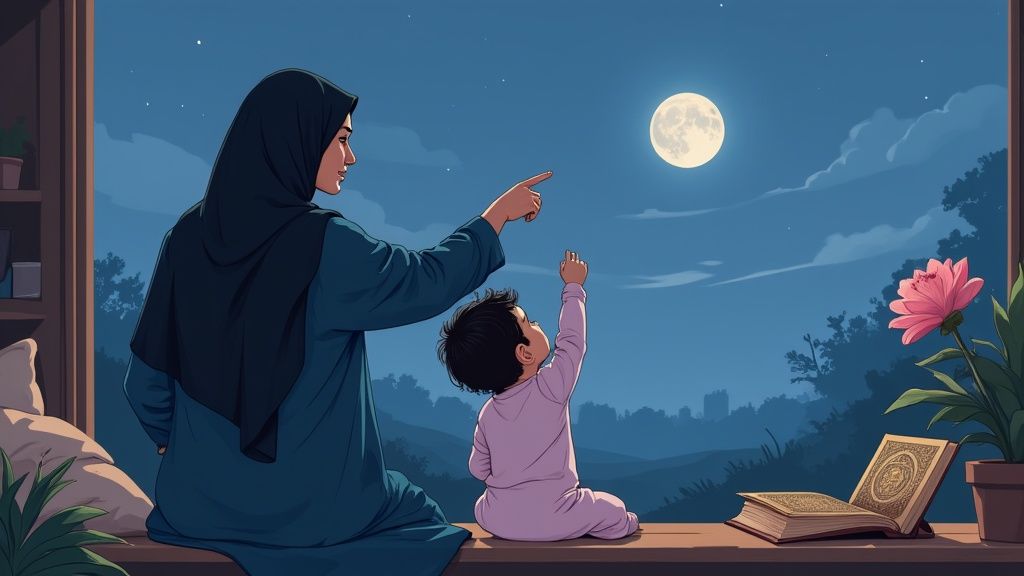 A Muslim mother and child look at the full moon from a window, with an open book nearby.
