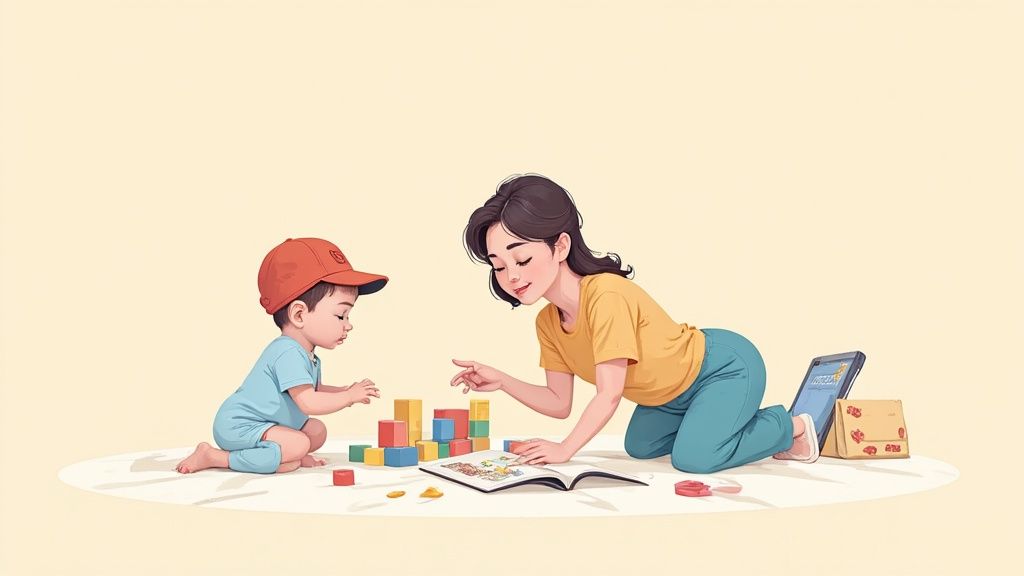 Mother and child playing with colorful building blocks and reading book together on floor