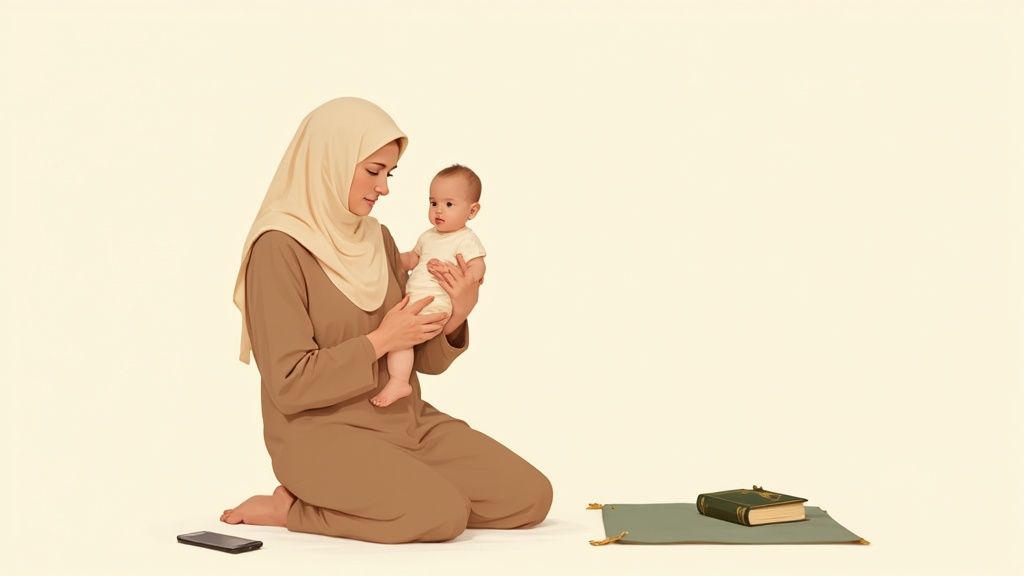 A Muslim mother in a beige hijab kneels, gently holding her baby, with a prayer mat and book nearby.