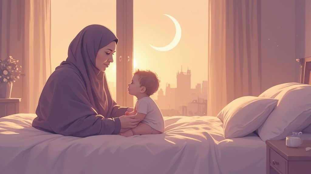 A mother in hijab gently holds her toddler on a bed, with a crescent moon outside the window.