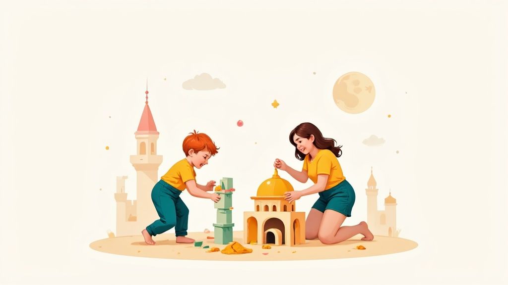 Smiling woman and child building a miniature mosque and tower with blocks, fostering early learning.