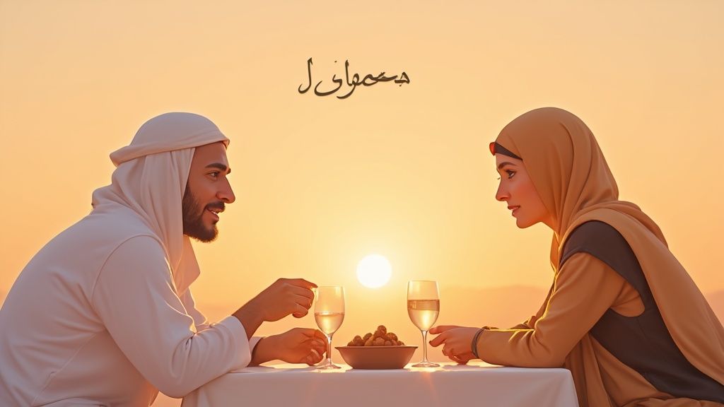 An Arab couple shares a romantic iftar meal at sunset with drinks and dates.