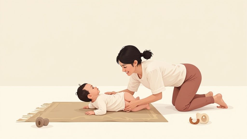 A mother on her knees smiles, gently guiding her baby on a mat during tummy time, with wooden toys nearby.