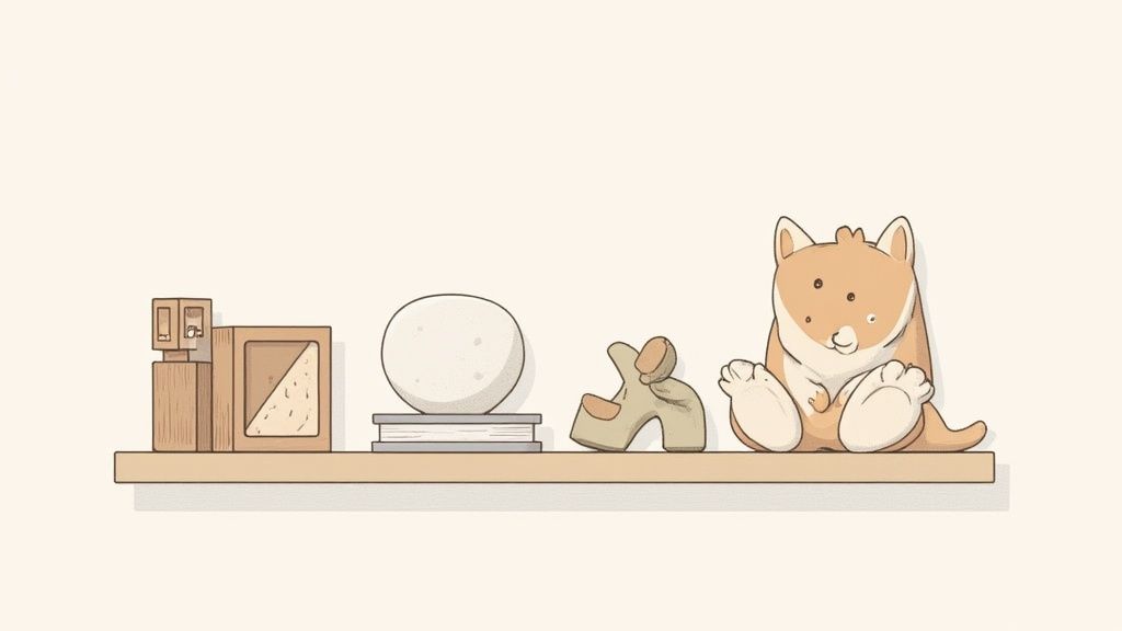 A minimalist illustration of various decorative objects, including a cute dog, on a wooden shelf.