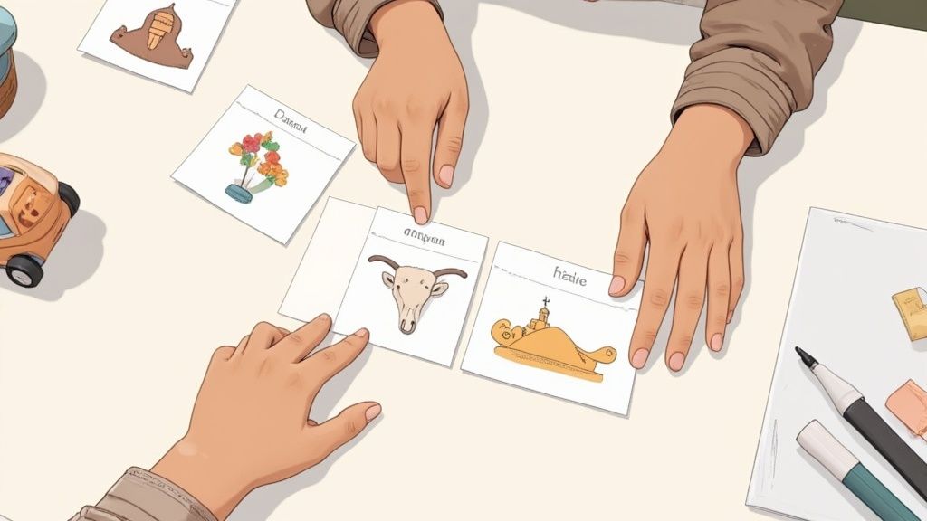 Two people's hands interact with illustrated flashcards featuring objects and words on a table.