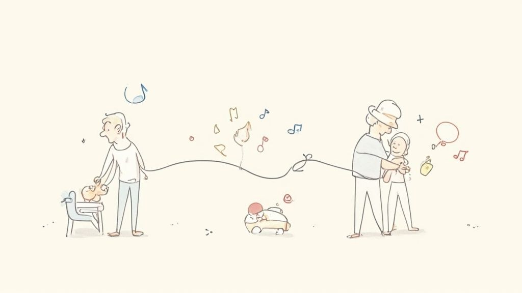 A heartwarming illustration of a child's journey through life, from infancy to childhood, with loving parental figures.