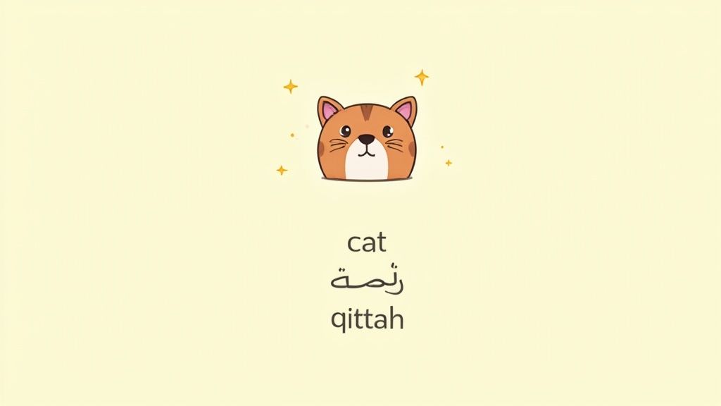 A cute cartoon cat head with sparkles, showing 'cat' in English, Arabic text, and transliteration 'qittah'.