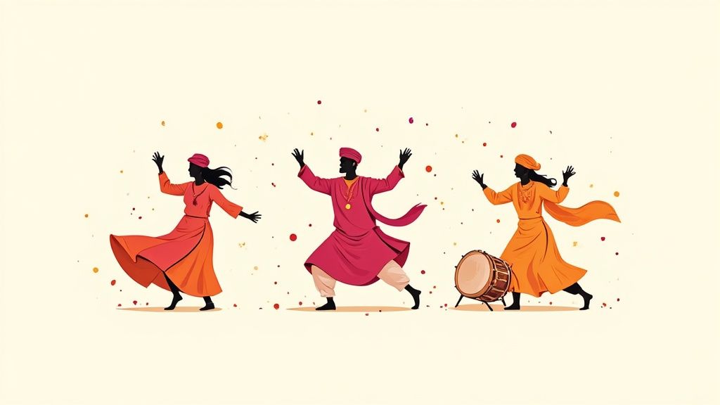 A festive Eid celebration scene with a family listening to music on a tablet, with colourful abstract sound waves filling the room.