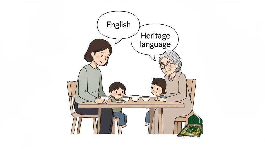 A mother and grandmother teach two children at a table, representing English and heritage language learning.