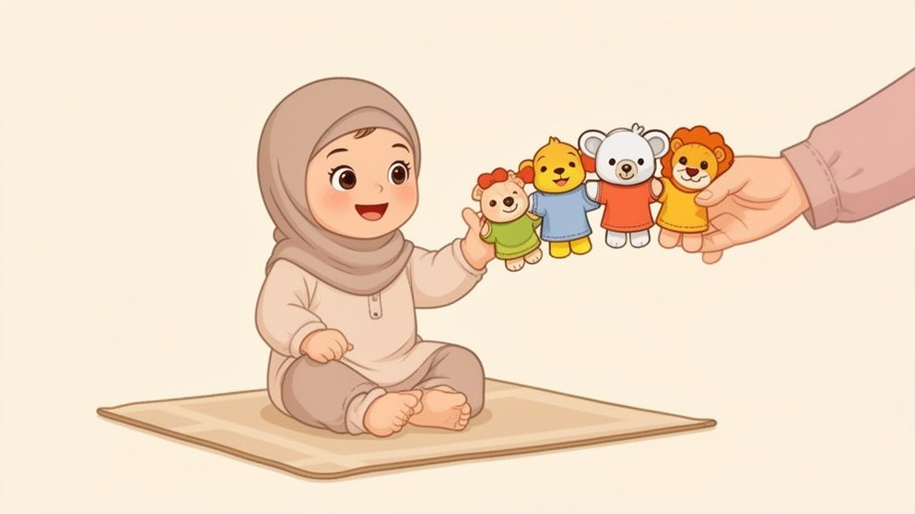 A happy baby in a hijab sits on a mat, reaching for colorful animal finger puppets.