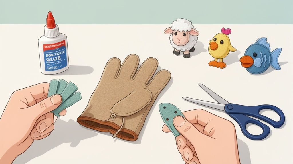 Hands work with glue and felt to create adorable animal finger puppets for toddlers.