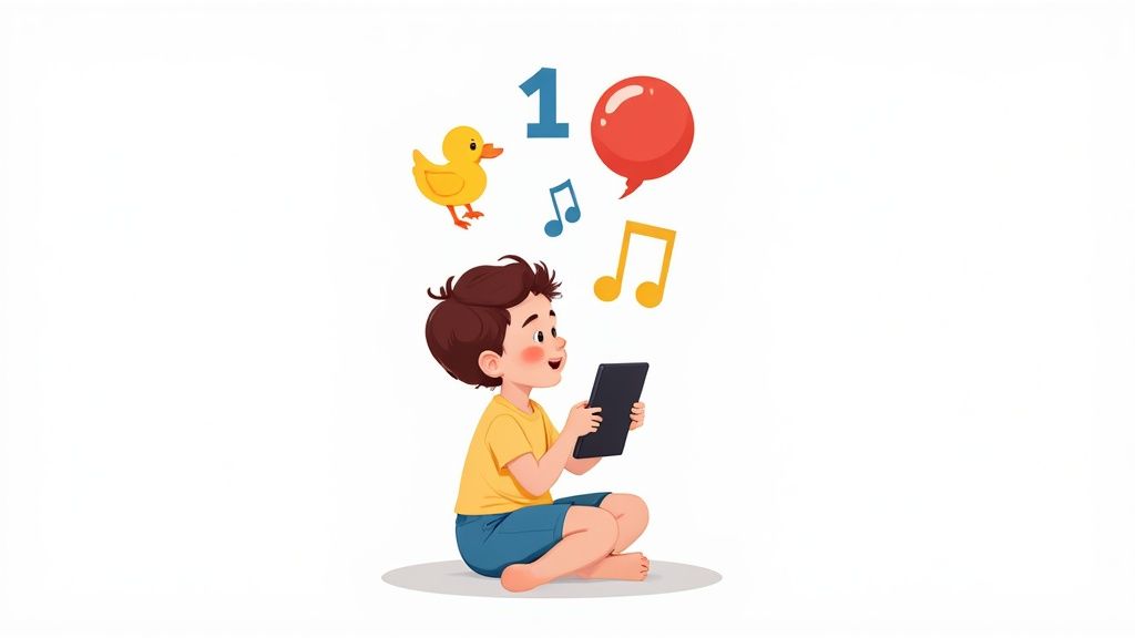 A young boy holds a tablet with educational icons like number one, duck, balloon, and musical notes above his head.