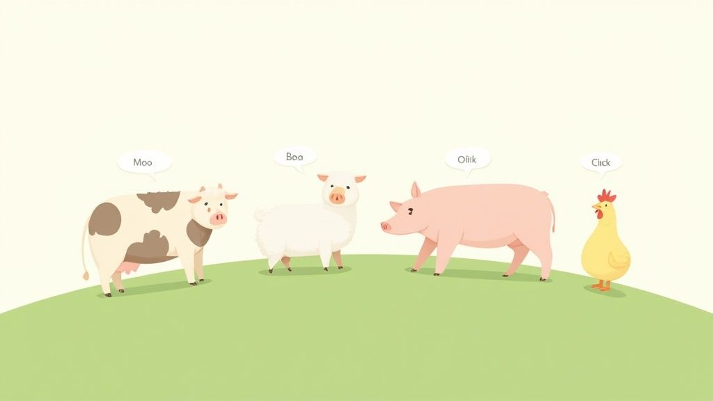 Four cartoon farm animals: a cow, sheep, pig, and chicken, each making their sound.