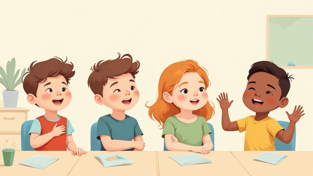 Four diverse, smiling children at a classroom table, one boy happily waving.