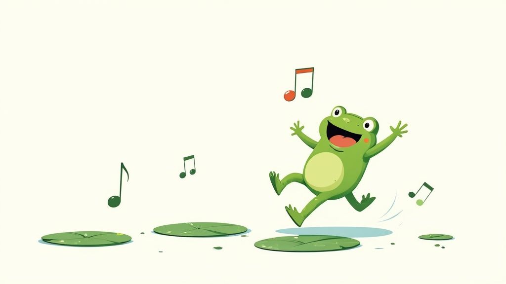 A joyful green cartoon frog jumps between lily pads, surrounded by musical notes.