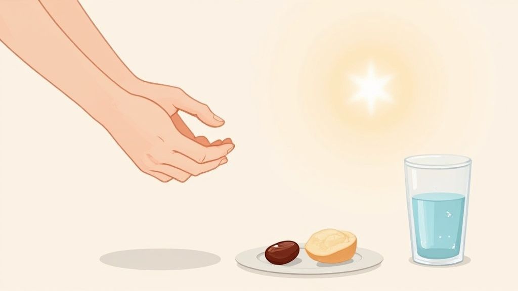 Hands reaching for a plate with a pastry, and a glass of water for breaking a fast.