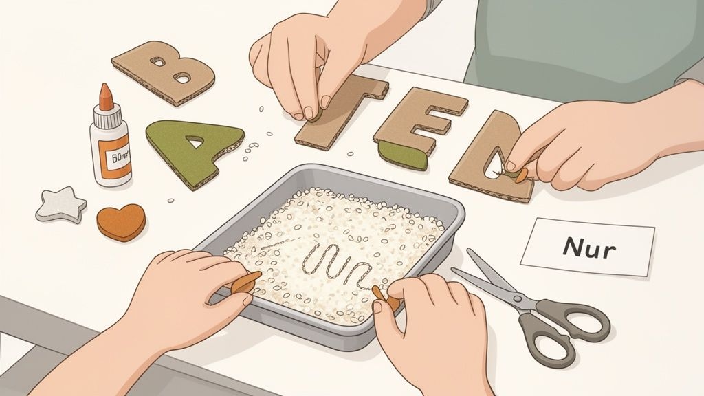 Children's hands create alphabet letters using glue, rice, and paper cutouts for a sensory learning activity.