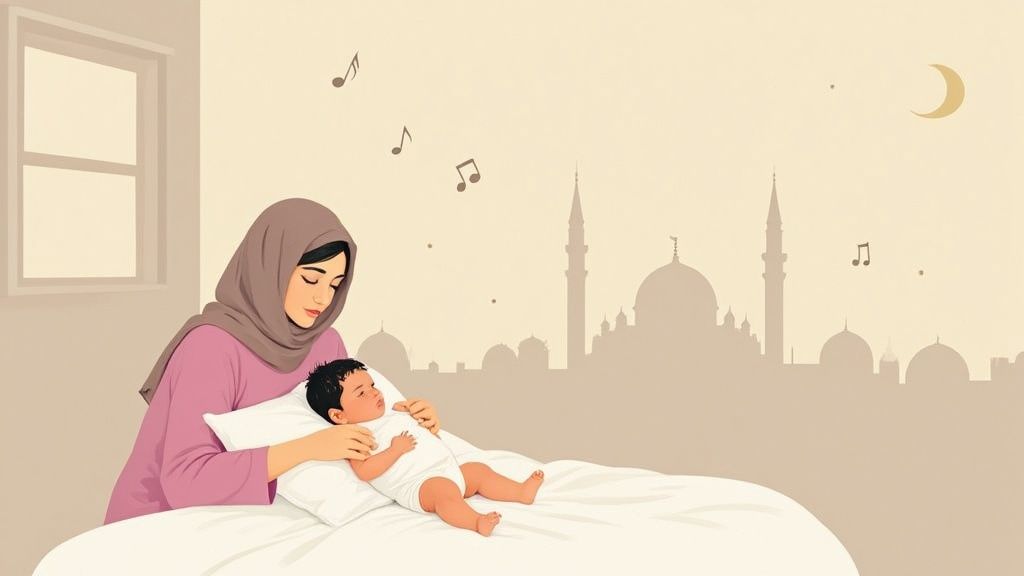 A Muslim woman in a hijab gently holds her baby on a bed, with a mosque skyline and musical notes in the background.