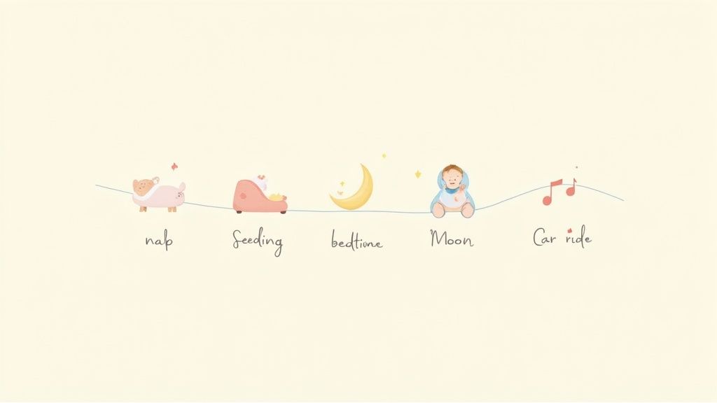 A charming illustration timeline of baby routines: nap, feeding, bedtime, a calm swaddled baby, and car ride music.