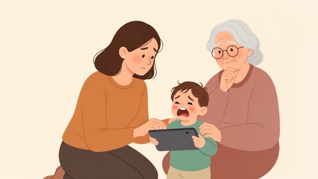 A concerned mother and grandmother observe a young boy crying while holding a tablet.