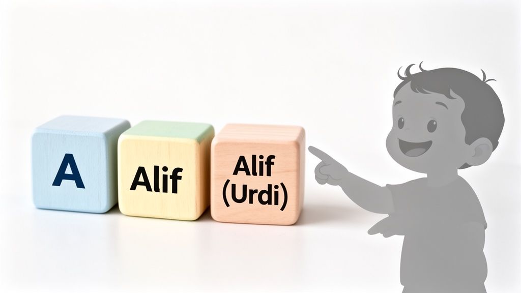 Educational blocks display 'A', 'Alif', and 'Alif (Urdu)' while a child's silhouette points.