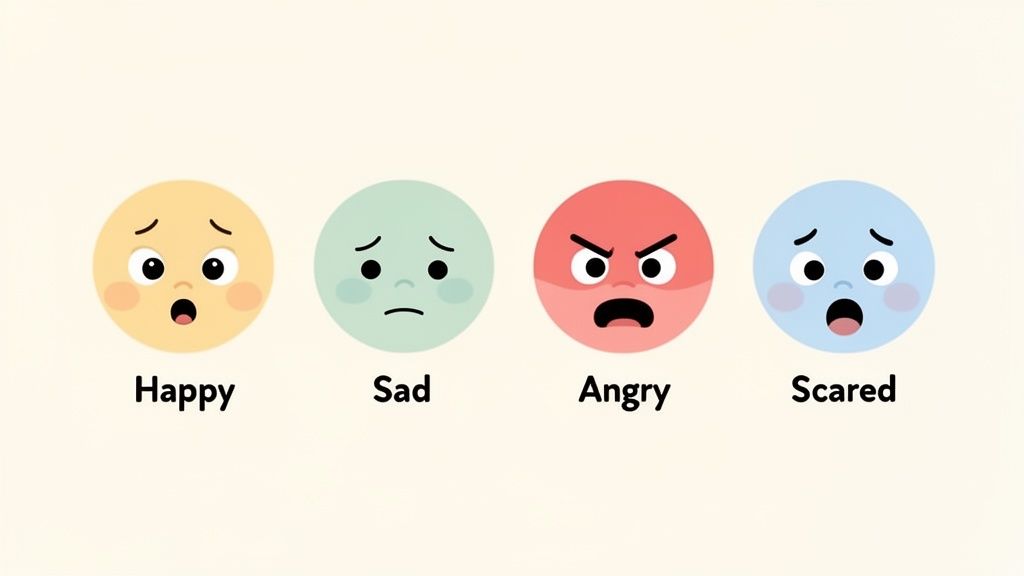 A row of four cartoon faces depicting happy, sad, angry, and scared emotions with labels.