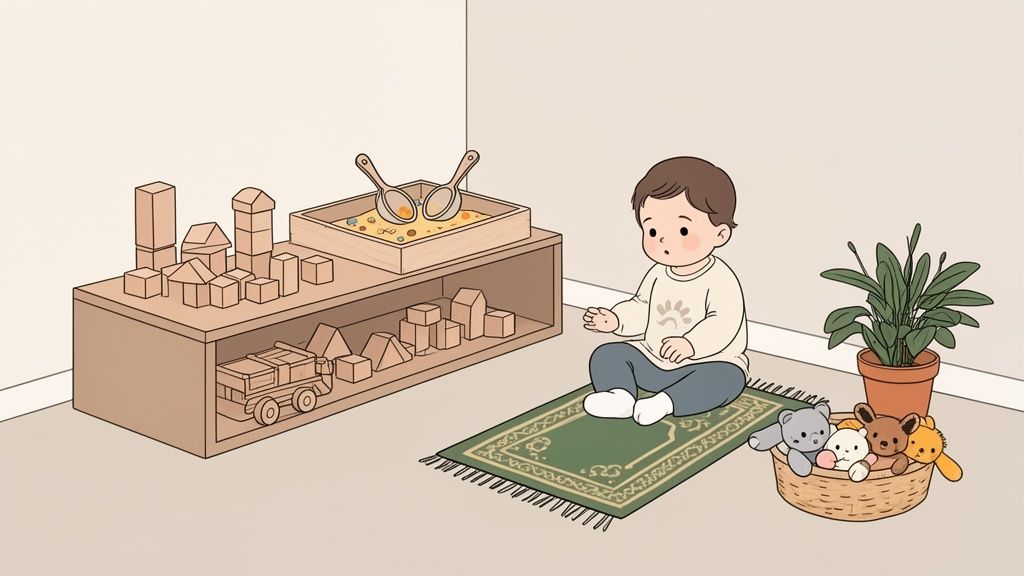 An illustration of a baby sitting on a green rug with toys and a plant in a calm room.