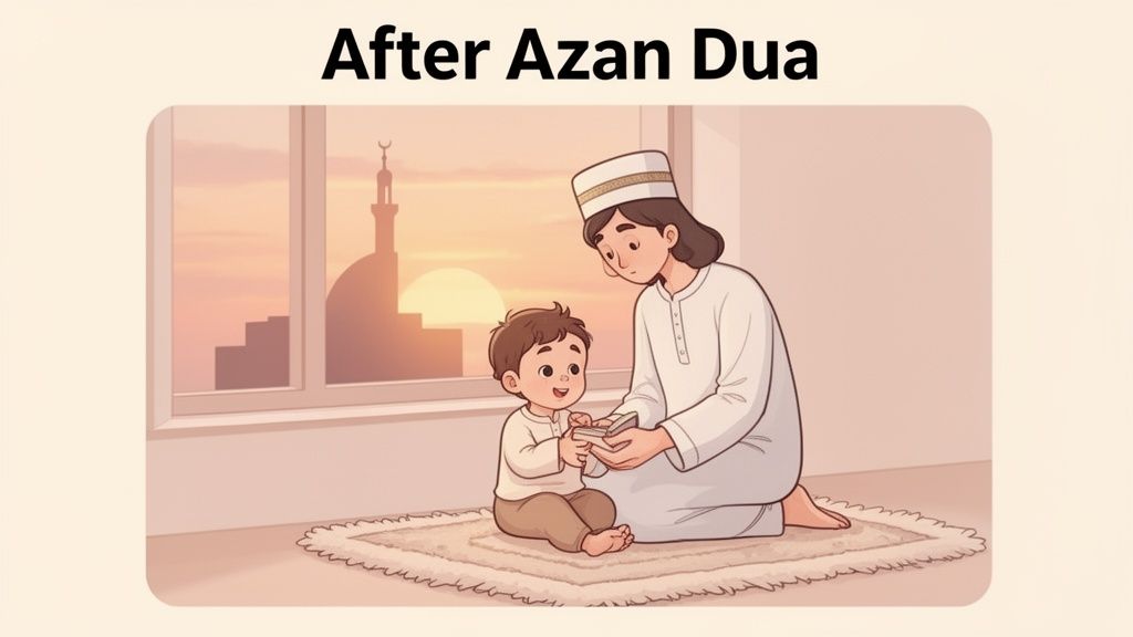 A Muslim father and child learn dua after Azan, with a mosque in the sunset.