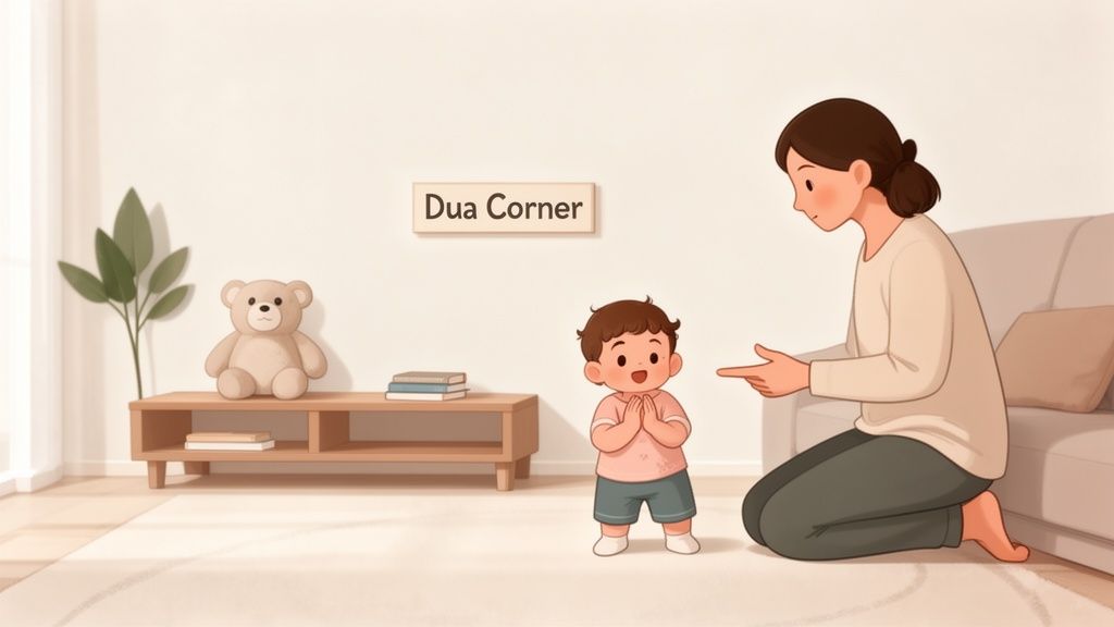 A woman teaches a young child to make dua in a cozy 'Dua Corner' at home.