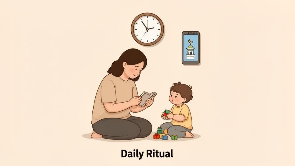 A mother reads to her child playing with blocks, with a clock and mosque icon, depicting a daily ritual.
