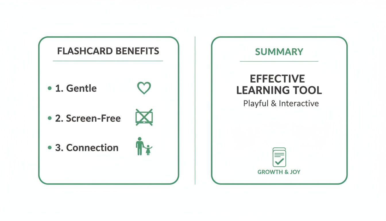 This image describes flashcard benefits: gentle, screen-free, and fostering connection for growth and joy.