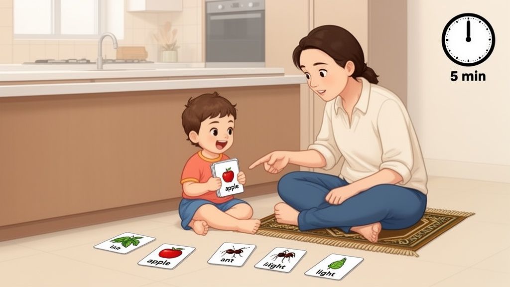 A mother and child sit on the floor, engaging in early learning with word flashcards.