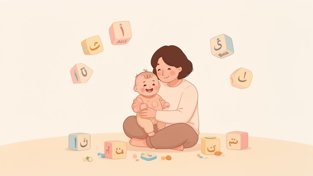 An illustration of a happy mother holding her smiling baby, playing with Arabic letter blocks.