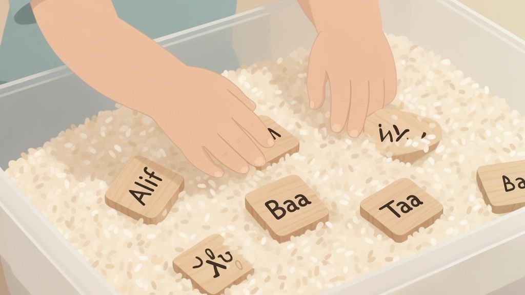 Child's hands playing with wooden tiles featuring Arabic letters and names in a rice sensory bin.