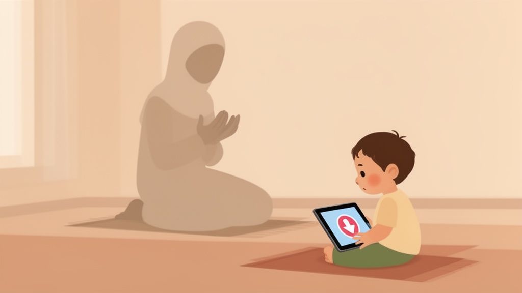 An illustration of a child looking at a tablet with a download icon, while a person prays in the background.