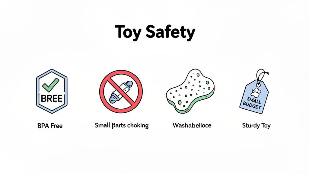 A visual guide titled "Toy Safety" with four icons: BPA Free, Small Parts choking, Washable, and Sturdy Toy.