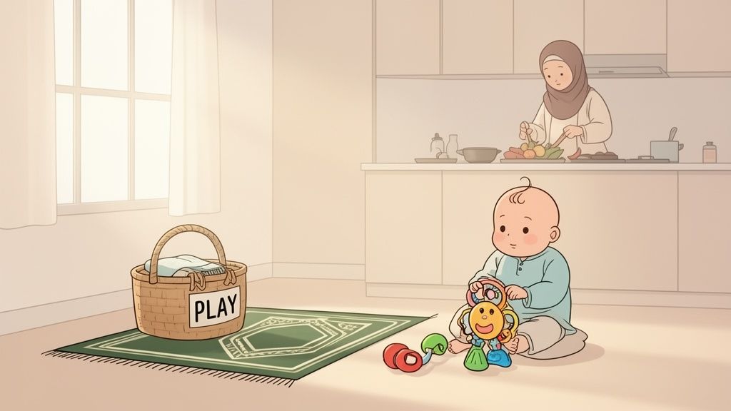 A happy baby plays with colorful educational toys on a rug, while a woman cooks in the kitchen.