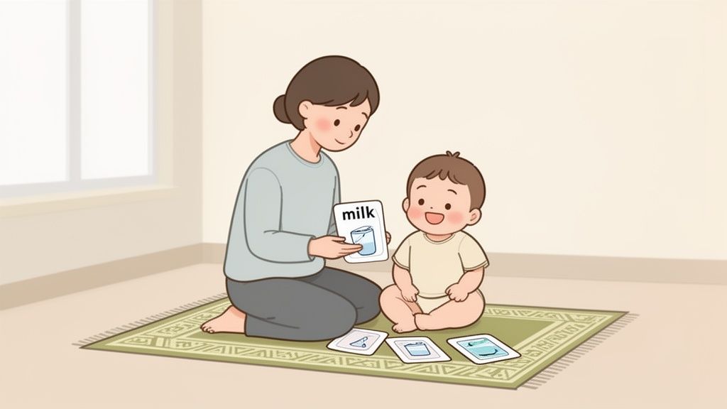 A mother and happy baby learning first words from flashcards on a patterned rug.
