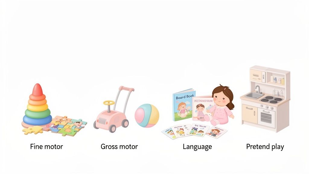 Illustrations of educational toys categorized for fine motor, gross motor, language, and pretend play development.