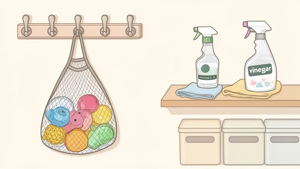 An organized space featuring colorful bath toys in a mesh bag, cleaning sprays, and storage bins.